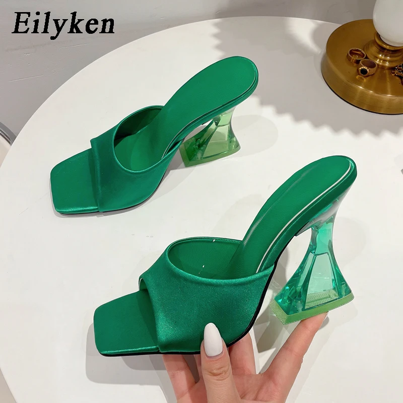 

Eilyken Green Silk Transparent Strange High heels Woman Slippers Sandals Peep toe Mules Lady Pumps Women Slides size 35-40