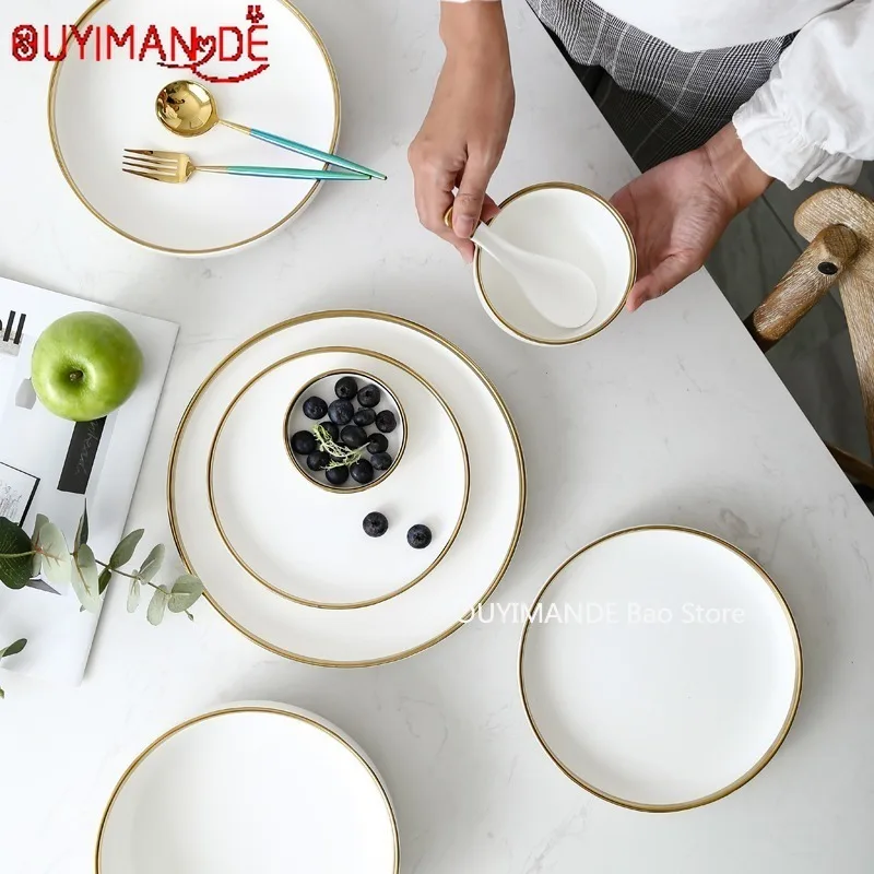

White And Black Round Gold Stroke Ceramic Dinner Plate Set Porcelain Steak Tableware Rice Soup Bowl Spoon Dish Home Decoration