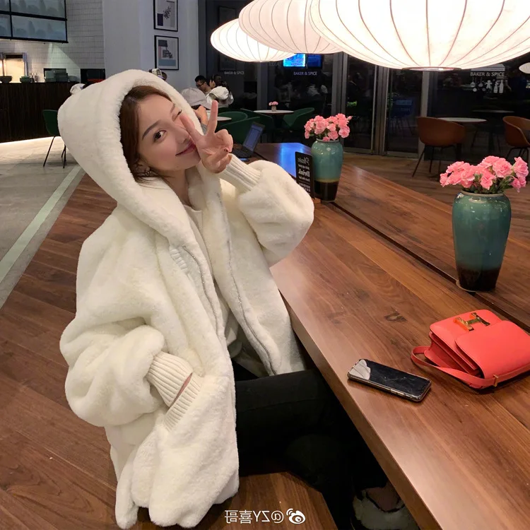 Fall Winter 2022 Lamb Fur Grass Plush Jacket Female Young Midi Faux Otter Rabbit Hair Hooded Loose Coat Hooded Clothes Top