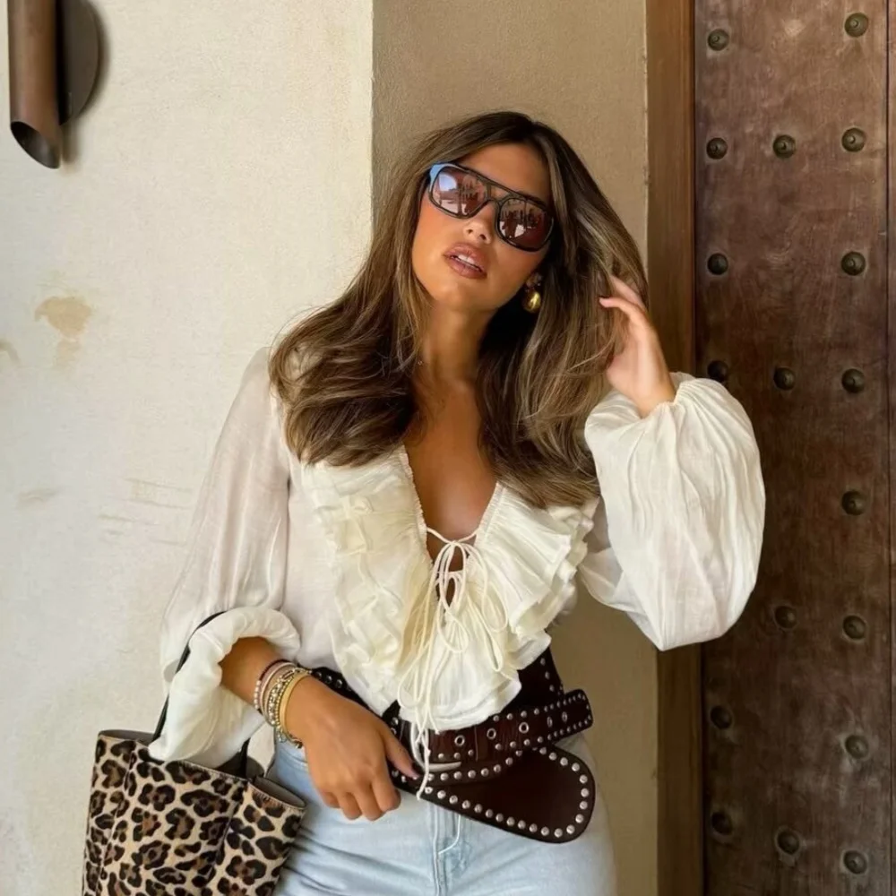 Осенняя Женская Повседневная Многослойная Блузка С V-образным Вырезом И Длинным