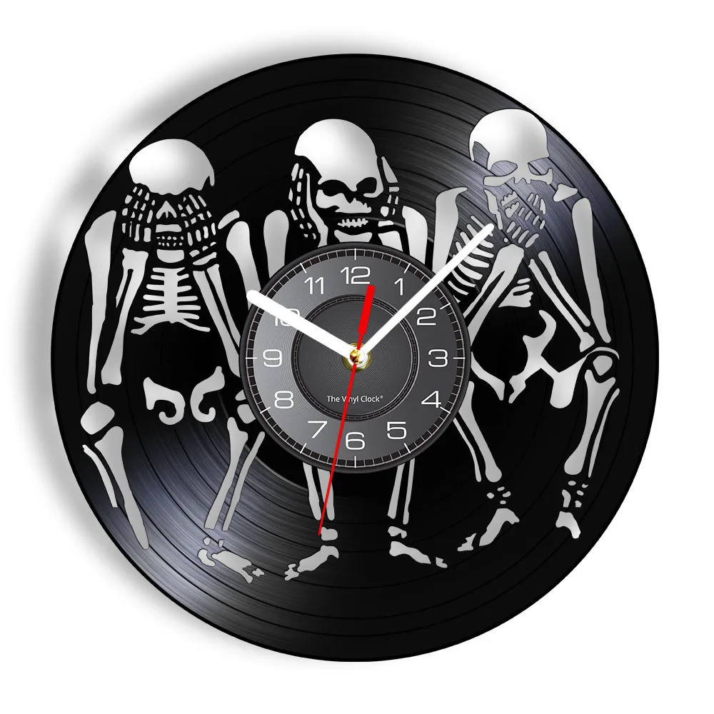 Skulls See No Hear No Speak No Evil Wall Clock Wisdom of The Skulls Wall Art Vinyl Record Clock Halloween Decorative Timepiece
