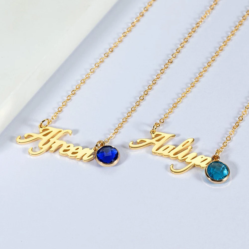 Customized Necklace for Women Personalised Handwritten Name with Birthstone Pendant Choker Stainless Steel Jewelry Birthday Gift