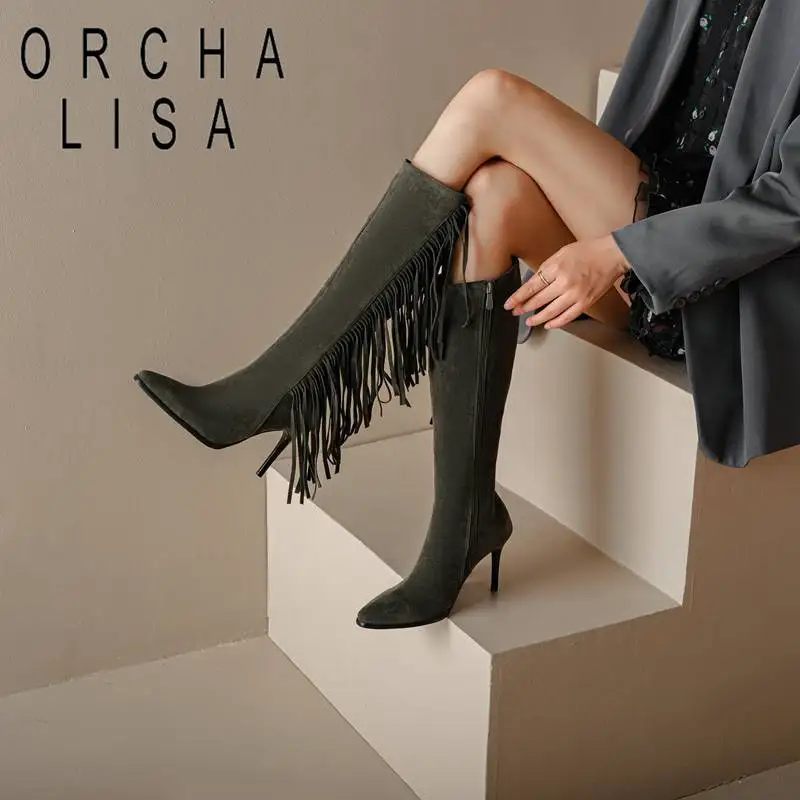 

ORCHA LISA Brand Shoe Woman Knee-high Booties 38cm Pointed Toe Thin Heel 9cm Flock Suede Tassels Big Size 47 48 Sexy Party Boots