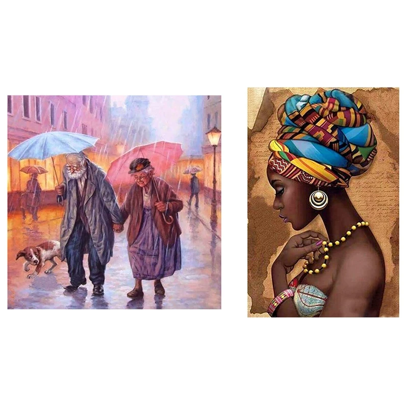 

2Set Full Round 5D Diy Diamond Painting Embroidery Cross Stitch 3D Home Decor, "African Woman" & "Hand In Hand