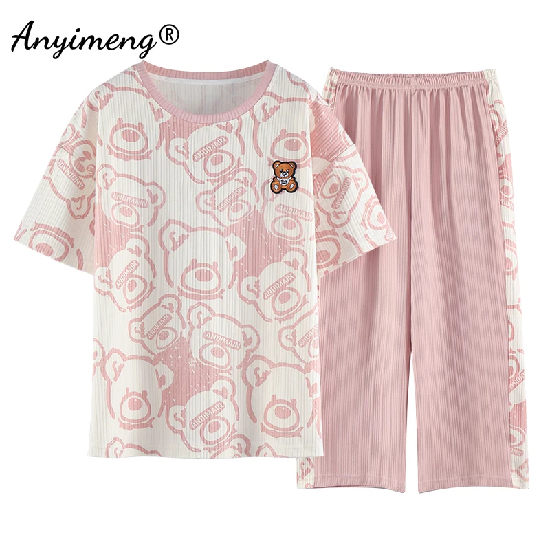 Pijamas de moda para mujer, ropa de dormir de ocio hasta la rodilla, con estampado de oso, Kawaii, holgada, Homesuit