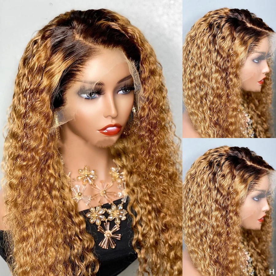 

Ombre Honey Blonde Glueless Soft Preplucked 26 inch Long 180 Density Kinky Curly Lace Front Wigs For Black Women Babyhair Daliy