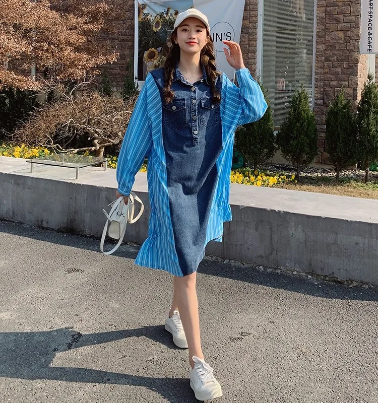 

Long Sleeve Denim Spliced Stripe Shirt Dress Women 2023 Spring Summer Women Streetwear Chic Loose Casual Mid-long Dresses 8301