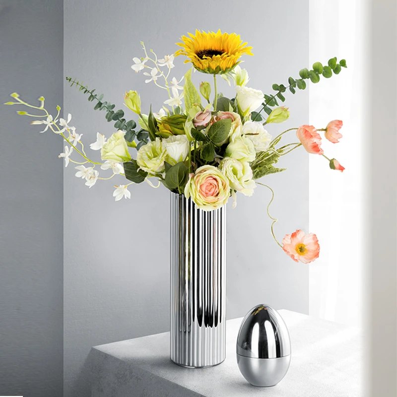

Silver Flower Bottle Vase Garden Pots Interior Large Flower Modern Vase Hydroponic Large Decoracion Para El Hogar Decoration