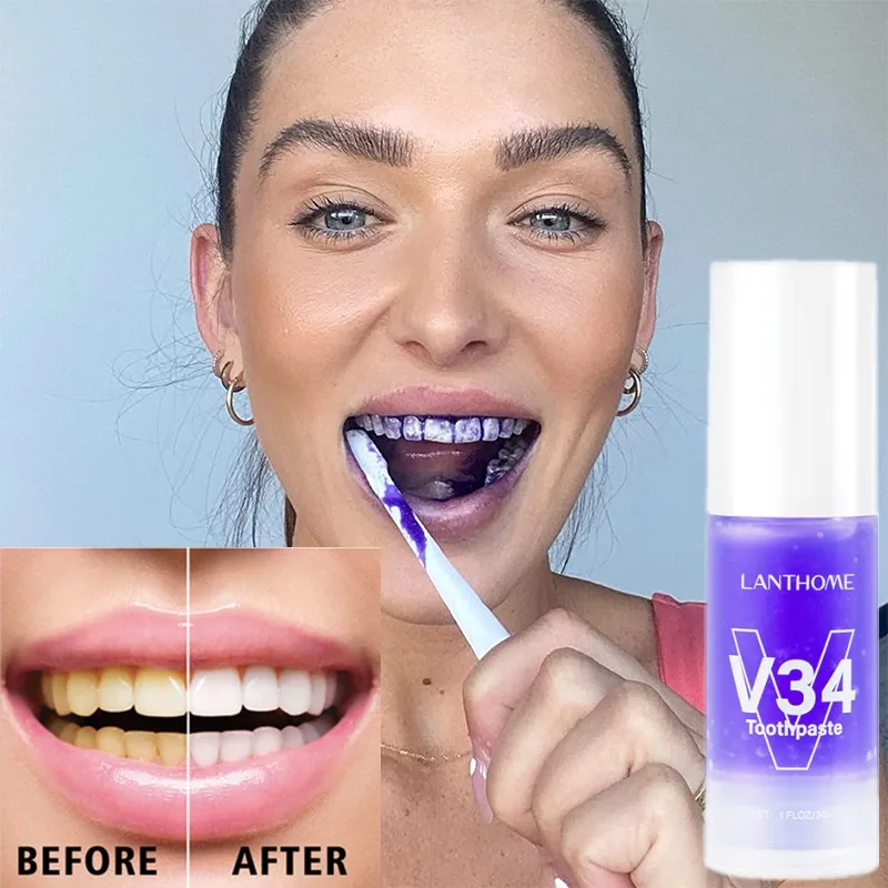 

Effective Purple V34 Colour Corrector Teeth Whitening Toothpaste Teeth Tartar Caries Removal Professional Teeth Whitener 30ml