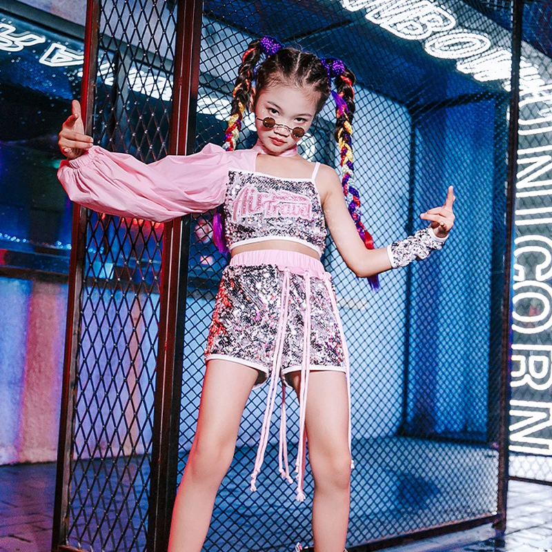 

Children Hip-Hop Costumes Pink One-Long Sleeve Sequin Suit For Girls Jazz Dance Kids Modern Street Dance Stage Clothing