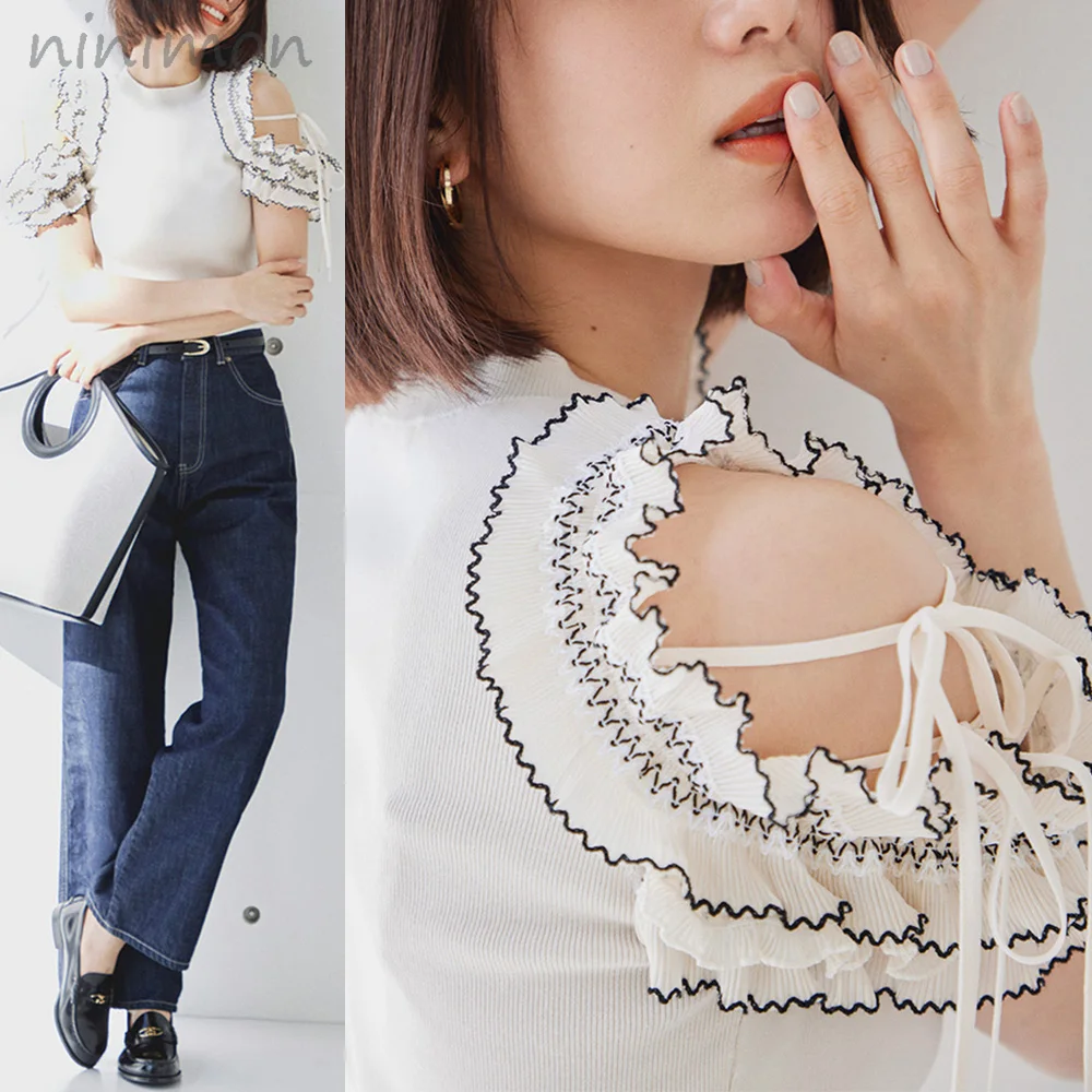 

NINIMON Double Ruffle Two-Tone Knit Pullover Summer Knitwear Snidel 2022 Blouse Sexy Off Shoulder Casual Slim Solid Top Kuzuwata