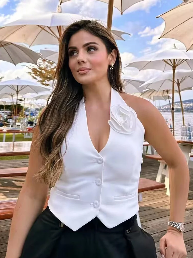 SIYANG Женский Укороченный Топ С Цветочной Аппликацией Летние Тонкие Бретели