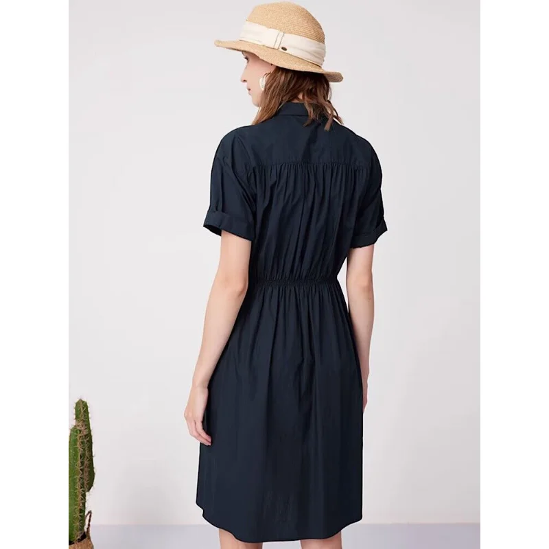 Hazzys Summer Stretch Waist Dresses Women's Mid-length Slim Summer Short-sleeved Shirt Collar Skirt Casual Luxury Brand Clothing