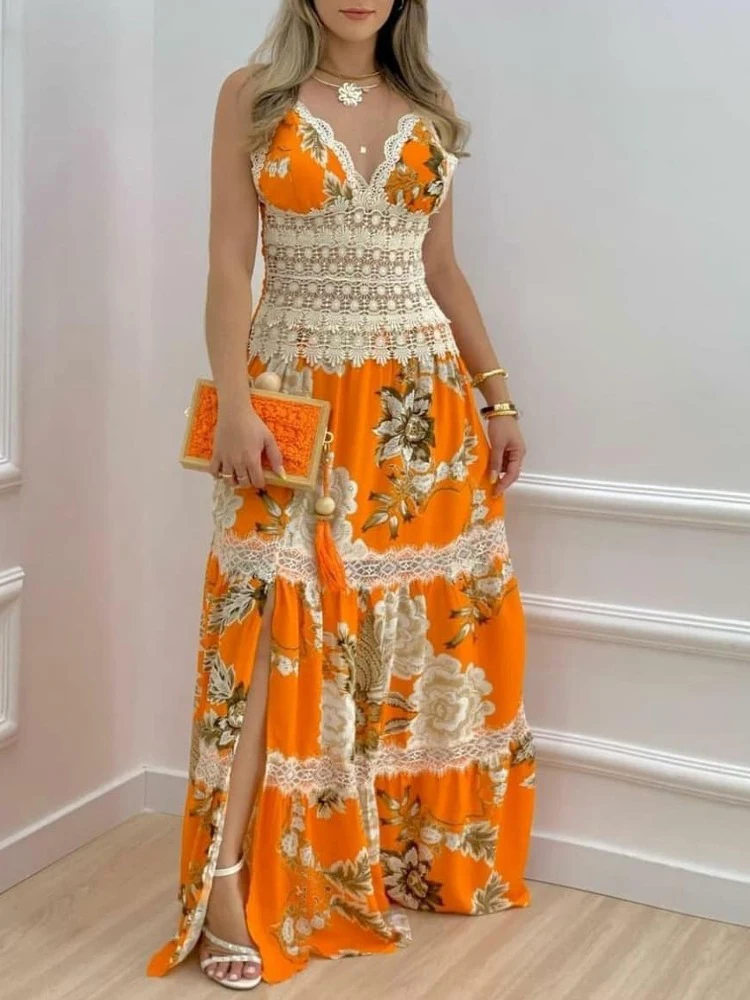 

Summer Flroal Print Stitching Boho Dress Women Sexy Deep V Neck Long Party Dress Spring Sleeveless Slit Maxi Office Ladies Dress