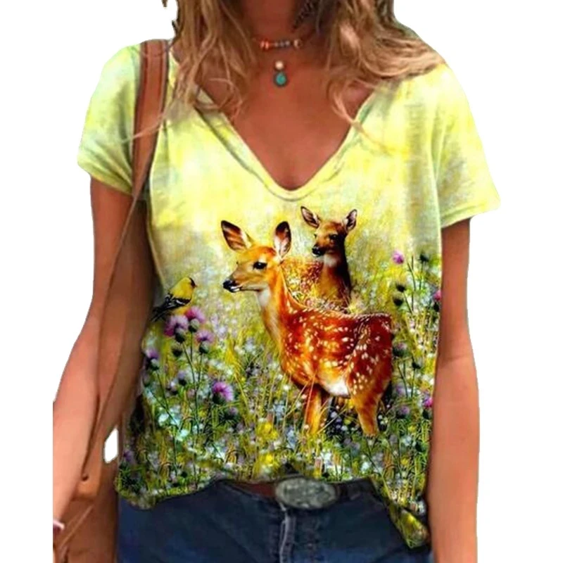 

Женская футболка с 3D-принтом оленя Sika, Повседневная футболка с коротким рукавом и животным принтом, Женская Обычная большая футболка с V-обр...