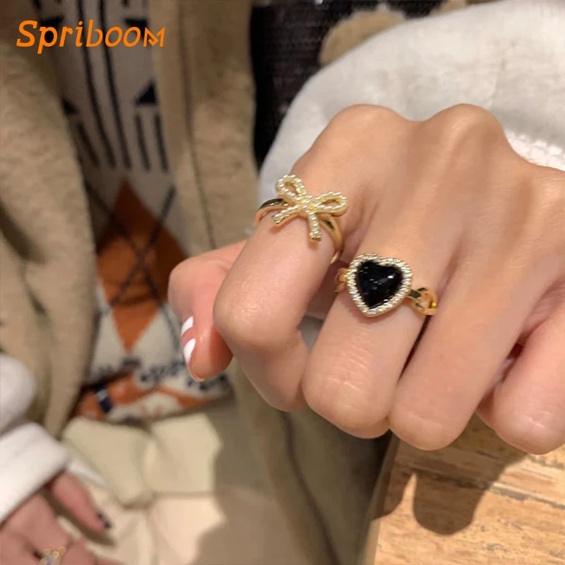 

Black Heart Zircon Ring Pearl Bowknot Korean Finger Rings Open Adjustable Tail Ring Temperament Vintage Knuckle Anillos Jewelry
