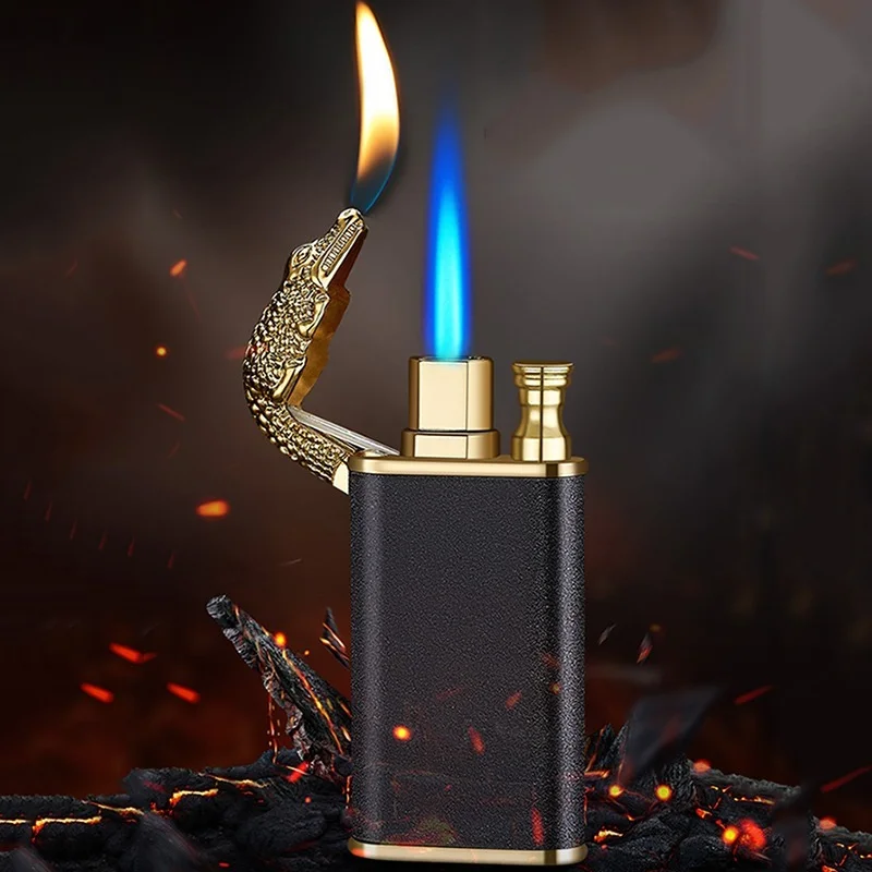 Unusual Blue Flame Metal Crocodile  Double Fire Tiger Lighter Creative Direct Windproof Open Fire Conversion Lighter Man's Gift