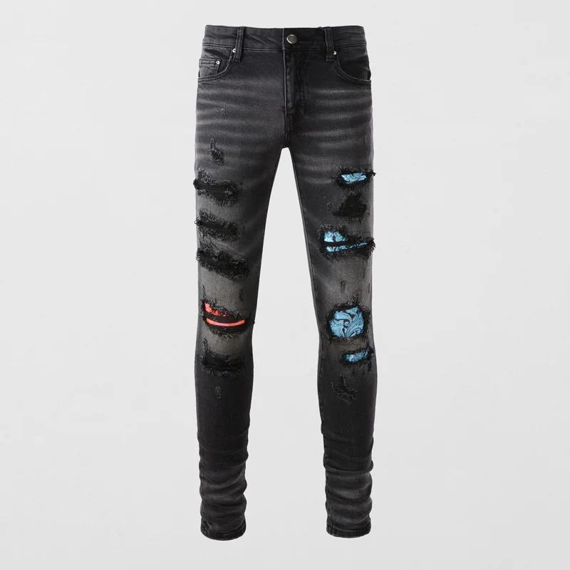High Street Fashion Men Jeans Retro Light Blue Slim Fit Stretch Hole Ripped Jeans Men Patch Designer Hip Hop Brand Pants Hombre