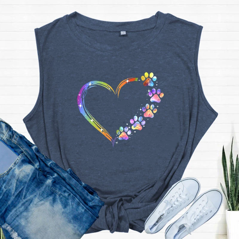 Женская модная летняя одежда повседневные топы с принтом собачьих лап и сердец