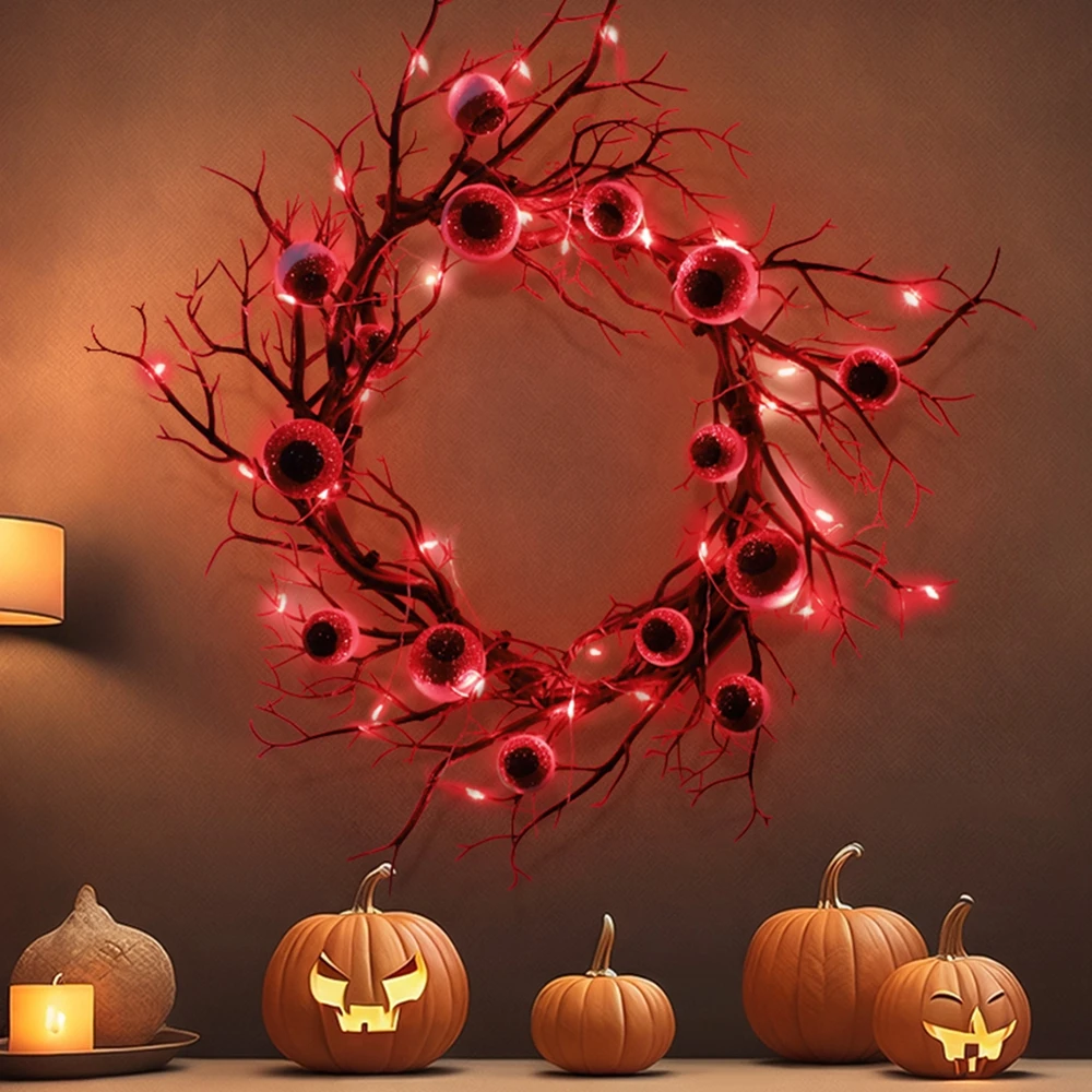 

Halloween Glowing Eyeball Wreath Scary LED Glowing Eyeball Dead Branch Garland Halloween Party Decoration Props Red