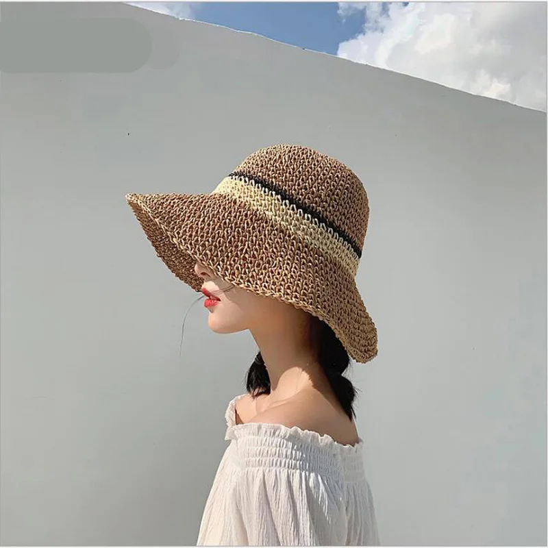 

Шляпа от солнца из рафии Женская, Соломенная Панама с широкими полями, с мягкими чашками, для пляжа, ручной работы, с защитой от ультрафиолет...