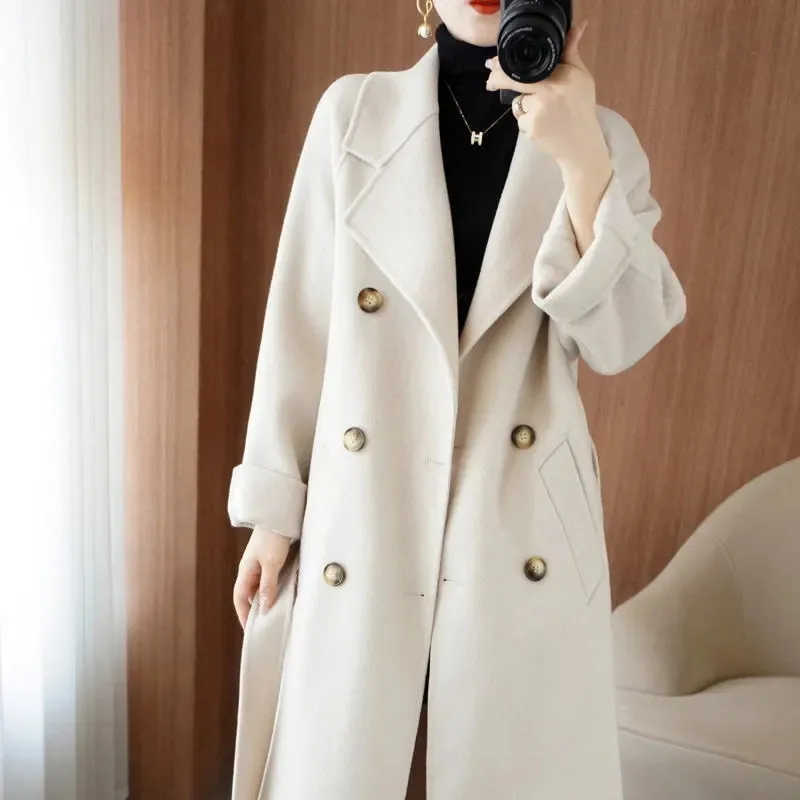 

Осень-зима 2024 Новое корейское двустороннее кашемировое пальто Женская мода средней длины 100% шерстяная куртка женское Свободное пальто W049