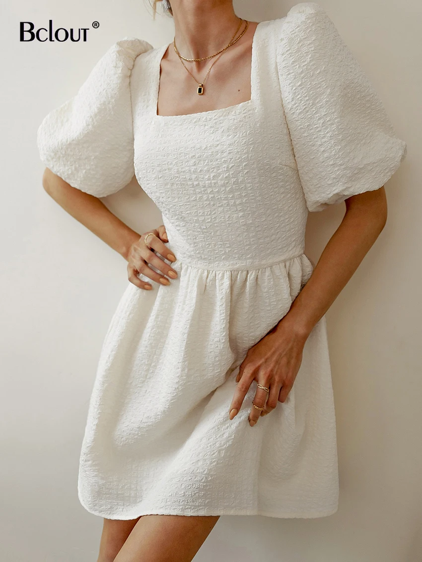 

Bclout Элегантное Белое Женское платье с рюшами и пышными рукавами вечерние мини-платья летние женские платья с квадратным вырезом на шнуровк...