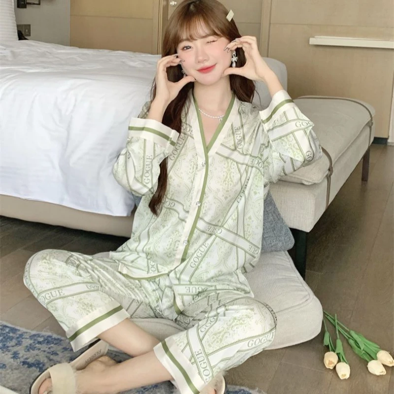 

QSROCIO Women's Summer Pajamas Fashion V Neck Green Jasmine Stripe Sleepwear Thin Long Sleeves Pant Casual Home Clothing Set