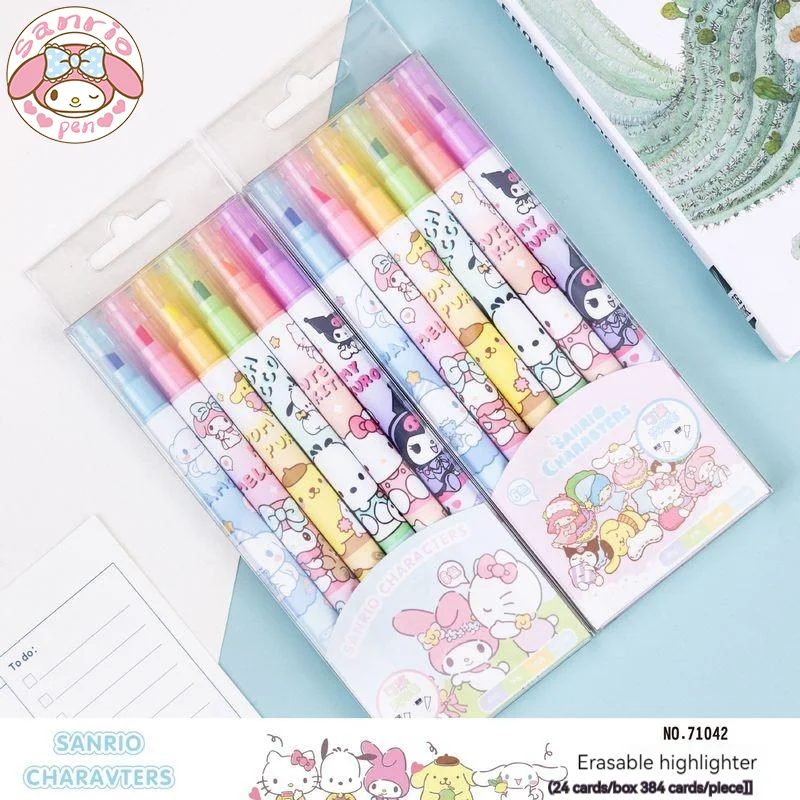 

New Sanrio 12pcs Cartoon Cute 6-Color Highlighter Kuromi Pochacco Kawaii Girl Heart Graffiti Pens Marker Student Stationery