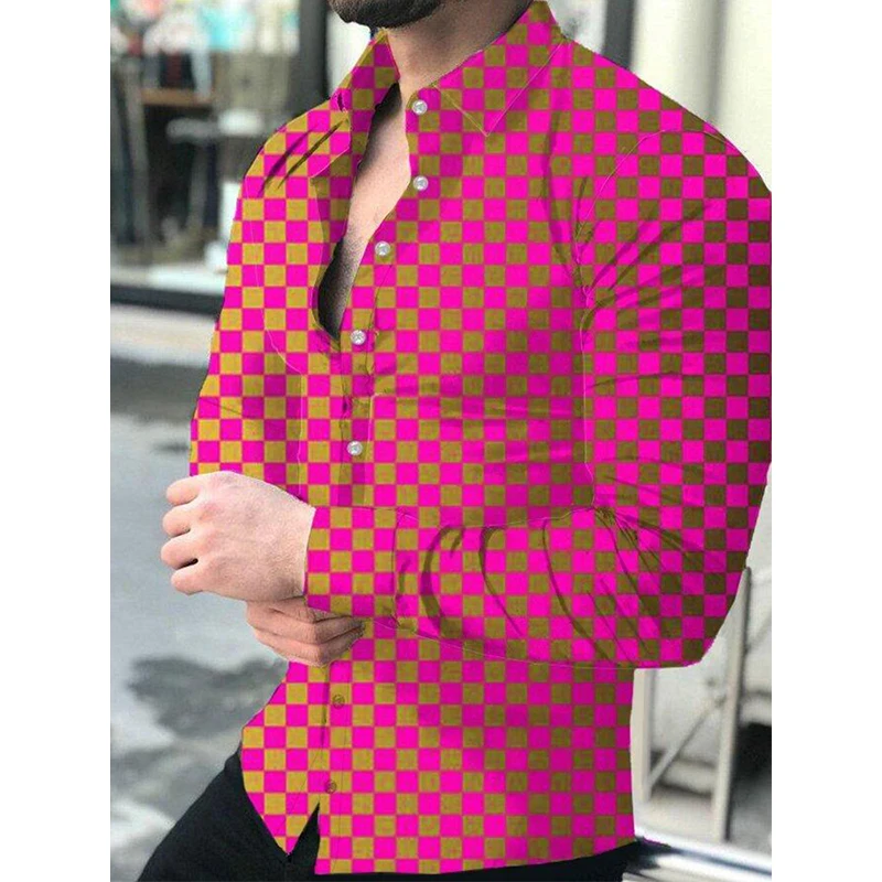 

Spring Fashion Men Shirts Autumn Turn-down Collar Buttoned Shirt male Casual lattice Print Long Sleeve Tops Social Men's Clothes