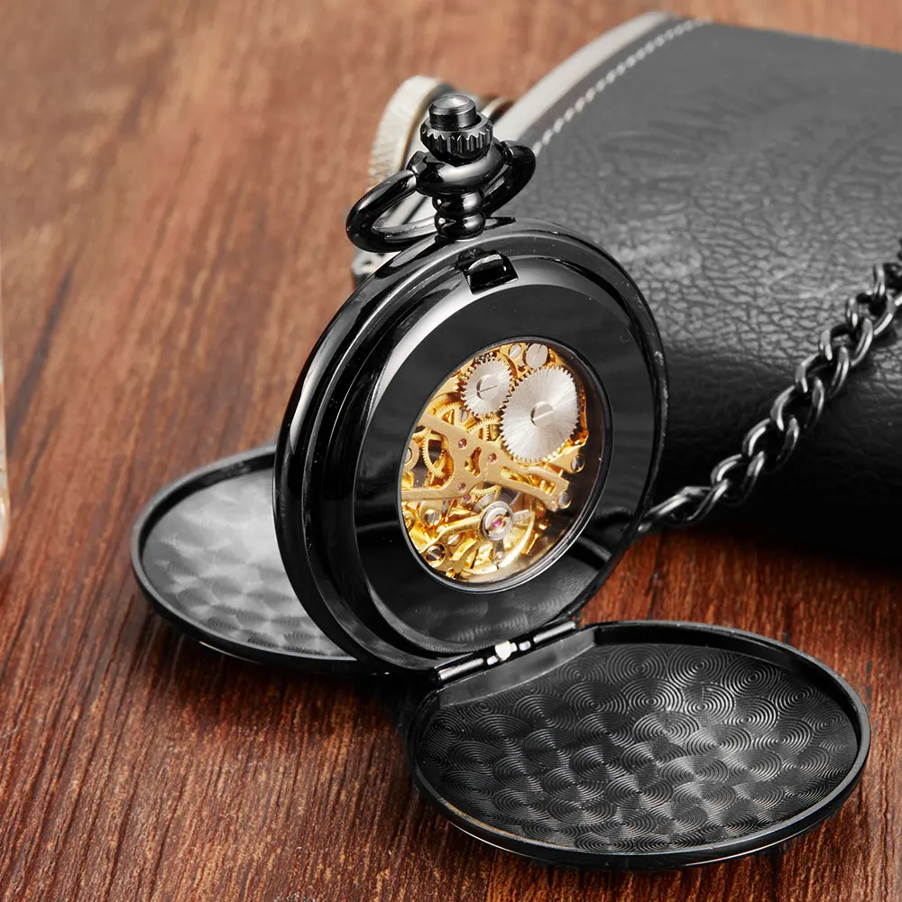 Vintage Smooth Double-sided Hand Wind Retro Mechanical Pocket Watch Necklace Engraved Romans Steampunk Fob Watch Men Clock