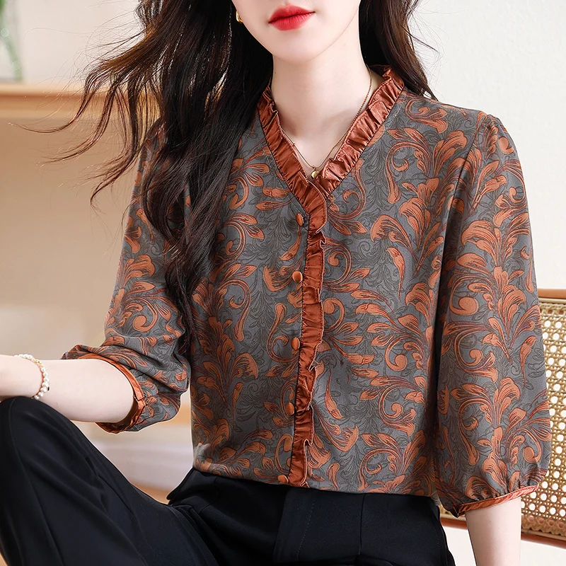 

2023 Spring Summer Blouse New Fashion Half Sleeve Wood Ear Edge Panel Casual Tops V neck Vintage Printed Shirt