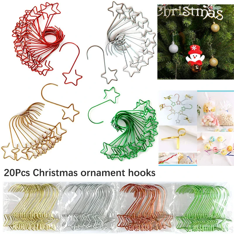 

20pcs Christmas Ornament Hooks Star Snowflake Shape Hooks Mini Christmas Wreath Hanging Xmas Tree Decoration Metal Hook