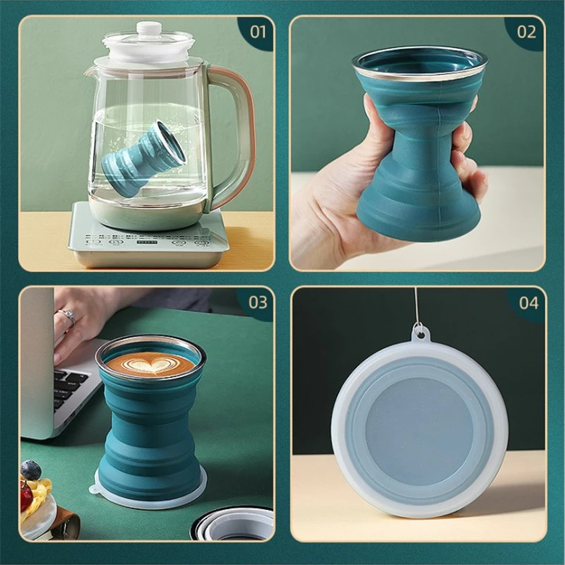 Heat Resistant Portable Silicone Foldable Cup with Lid and Lanyard for Hot Water Collapsible Travel Mug with Folding Storage