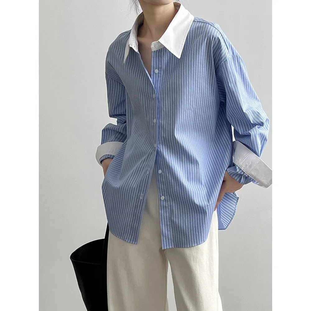 

SuperAen Blue and White Stripes Contrast Shirt Women 2023 Autumn New Design Loose Chic Shirts Tops
