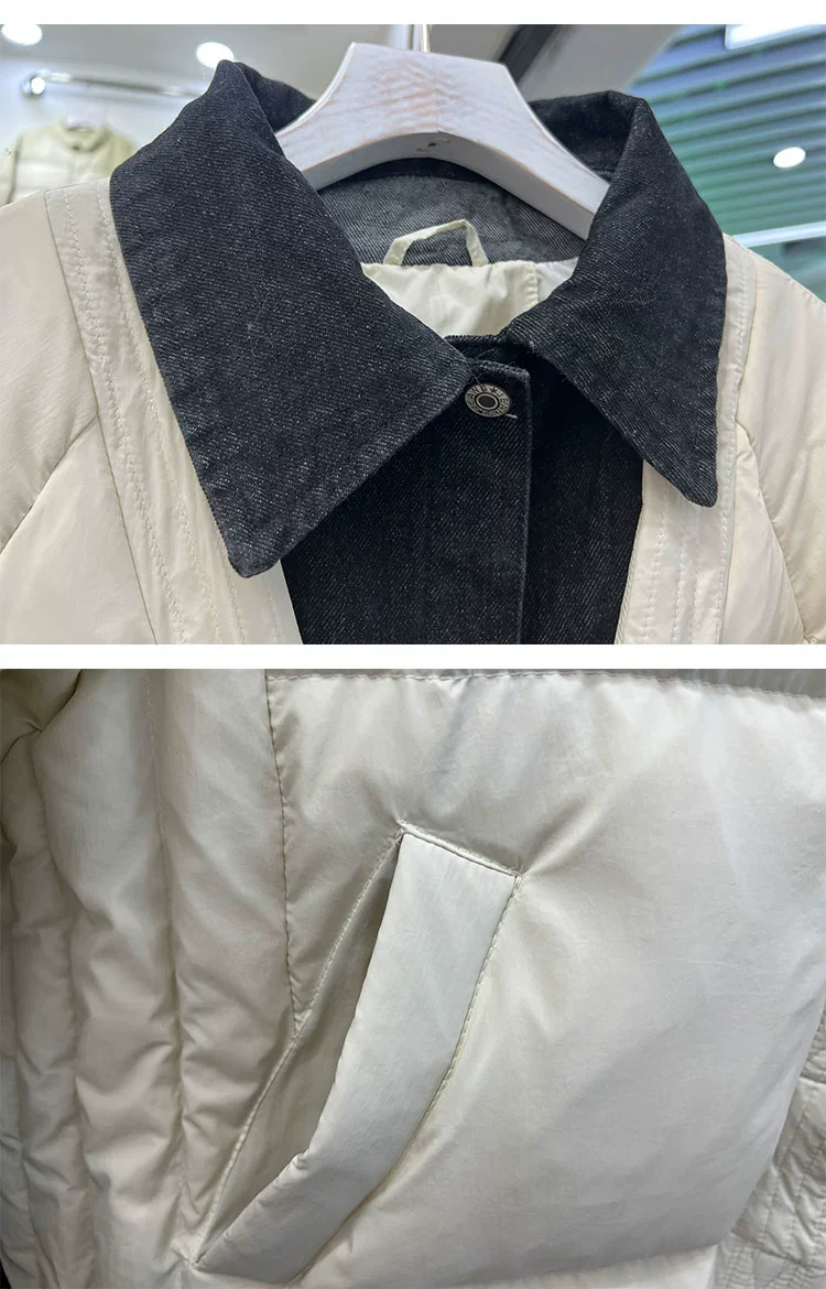 Fashion 2023 Winter Women's New Long Down Jacket, Fake Two-piece Casual Denim Splicing V-Neck Thick White Duck Down Coat