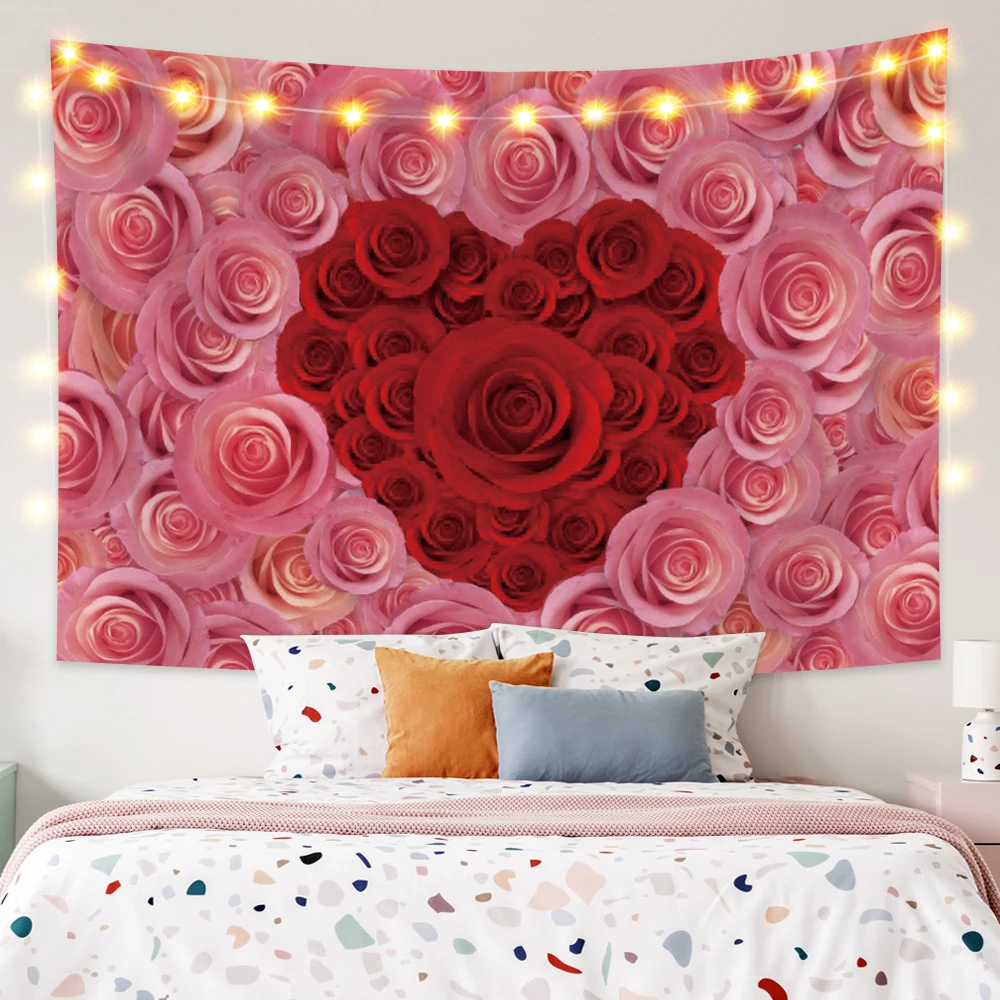 

Laeacco Happy Valentine's Day Wall Decor Romantic Rose Flowers Pattern Wall Hanging Blankets Home Background Wall Decor