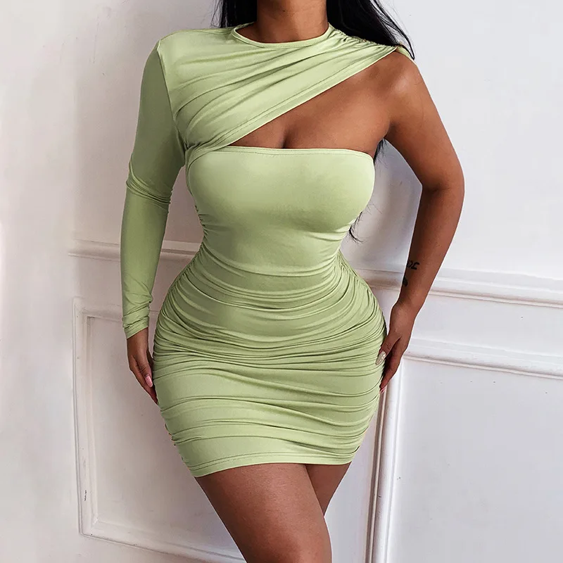 

Satin Single Shoulder Long Sleeve Slim O Neck Pleated Mini Dress 2022 Fall Women Fashion Streetwear Elegant Office Lady