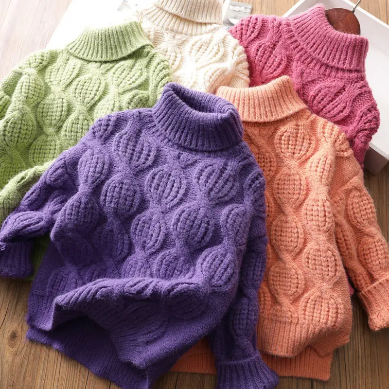 

Baby Girls Turtleneck Sweaters Kid Solid Color Sweater Winter Knitted Tops Thicken Warm Pullover Children's Clothes Korean Style