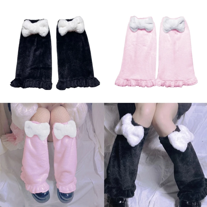 Japanese Lolita Solid Color Fuzzy Leg Warmers Women Harajuku Kawaii Plush Bowknot Ruffled Boot Cover Socks Fluffy Anime 37JB