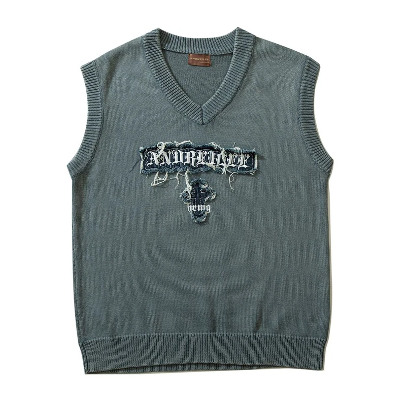 

American Vintage Knit Vest Men High Street V-neck Letter Embroidery Pullovers Loose Solid Unisex Sleeveless Knitwaer 2022 Spring