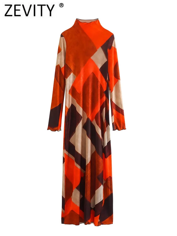 

Новинка, женское длинное платье Zevity в стиле High Street с геометрическим принтом, женское Повседневное платье с воротником-стойкой и оборками, мо...