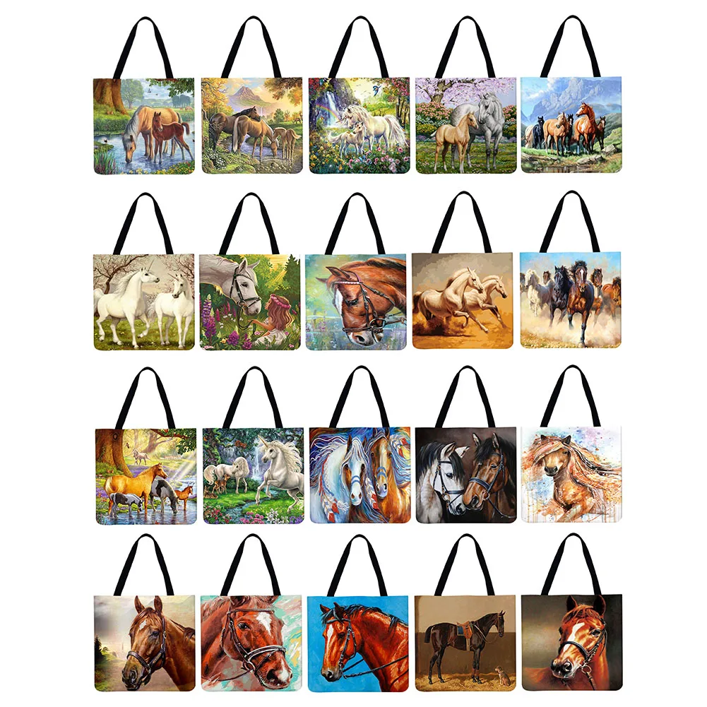 

Horse Print Tote Bag Reusable Shoulder Bags Linen Folding Women Casual Handbags Beautiful Portable Shopping Bag