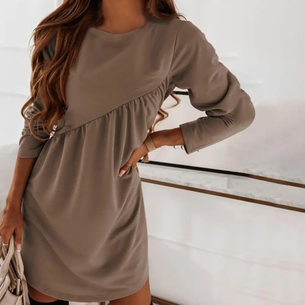 

Autumn Winter Solid Color Long Sleeve Pullover Dress O-Neck Irregular Stitching Pleated Loose Waist Autumn Dress Streetwear