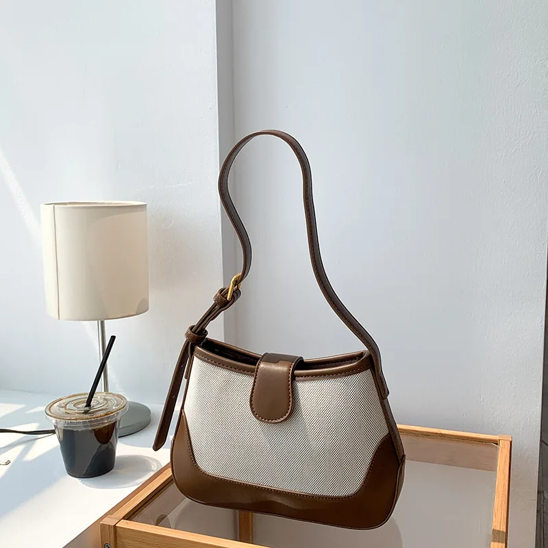 

Elegant Women's Bag Autumn Winter Handbag Premium Leather Underarm Bag Work Shoulder Bag Fashion Splicing Canvas Bag