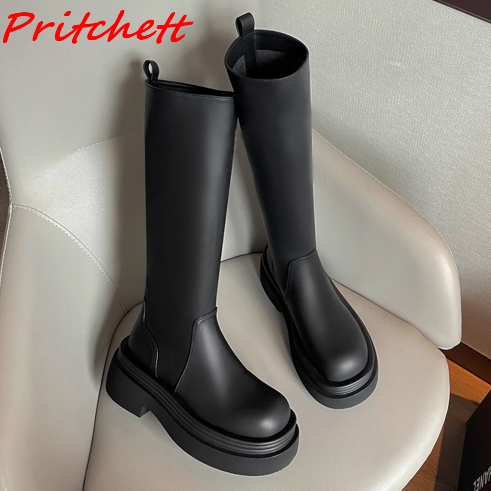 

Microfiber Leather Women Boots Round Toe Black Slip On Thick Sole Shoes 2023 Autumn Winter Classic Fashion Mid Calf Boots