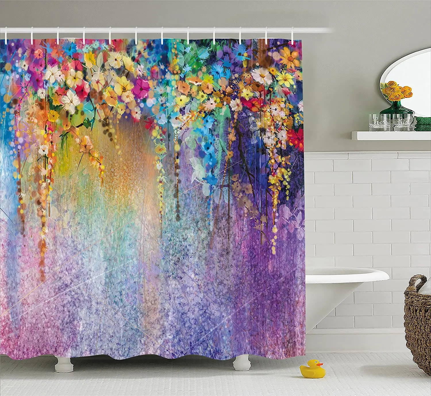 

Multicolor Flower Shower Curtain Abstract Herbs Alternative Medicine Blossoms Ivy Back Florets Shrubs Design Bathroom Decor