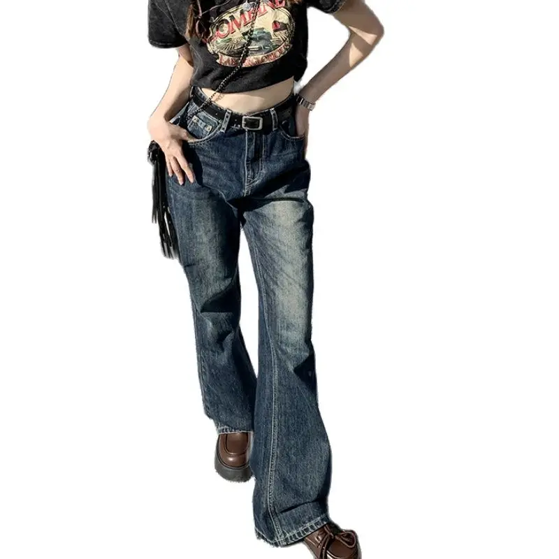 

Женские синие джинсы Ehioe с высокой талией, американские уличные широкие брюки, модные винтажные женские прямые летние брюки 2023