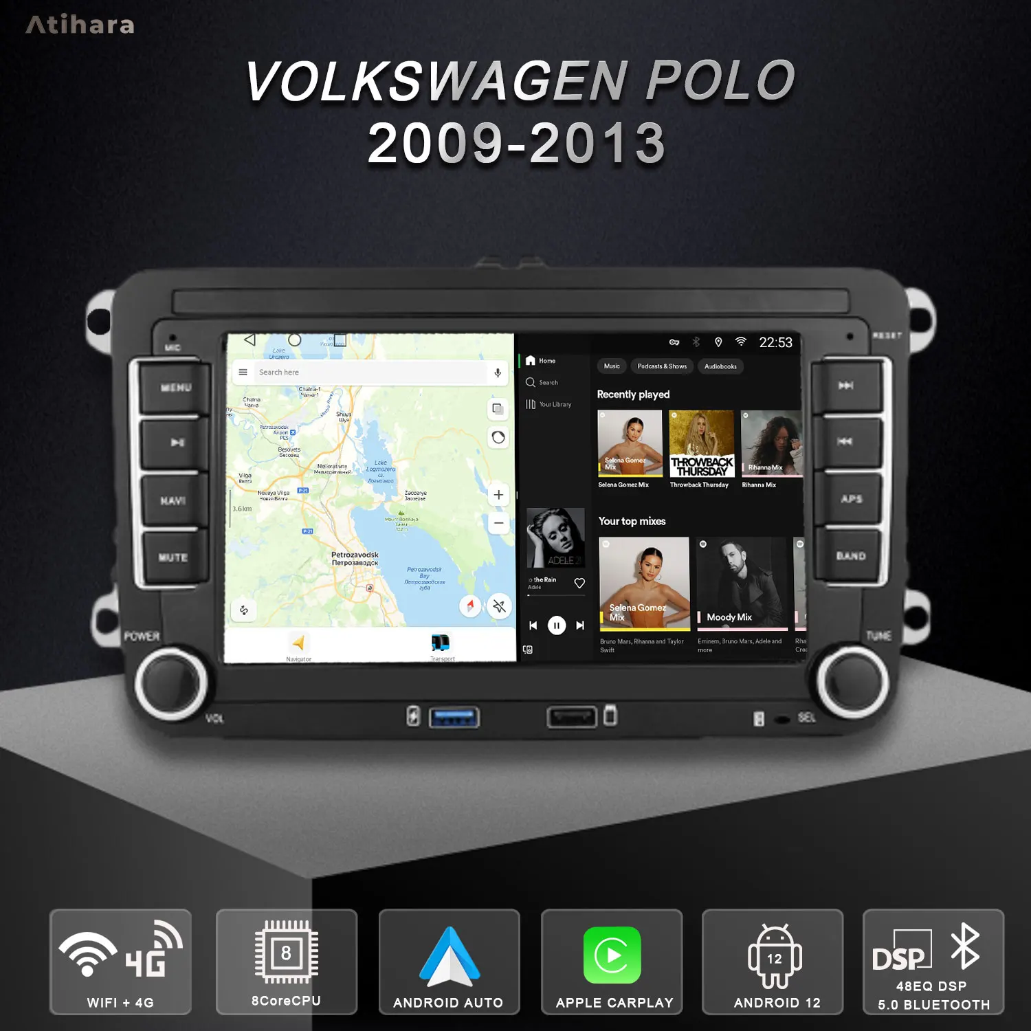 Atihara 7-дюймовый автомобильный радиоприемник Carplay Android Auto для Volkswagen Polo 2009-2013 WIFI + 4G
