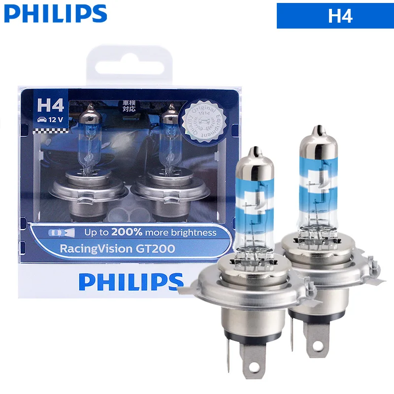 

Лампы Philips RacingVision GT200 H4 H7 9003 HB2 12 В + 200% ярче, автомобильные галогенные фары, дальний и ближний свет, лампы ECE, пара
